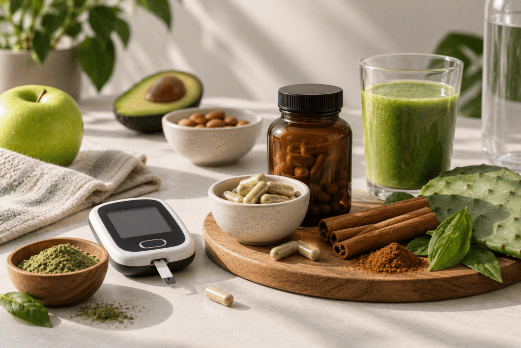 Glucómetro y alimentos para diabetes