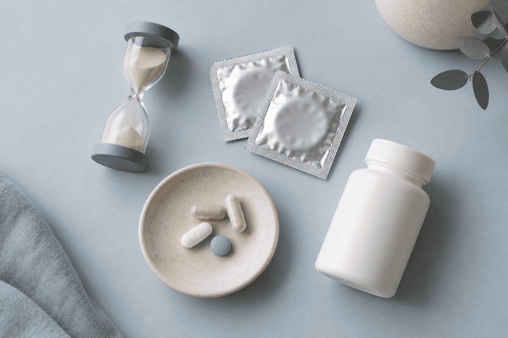 Suplementos, preservativos y reloj de arena