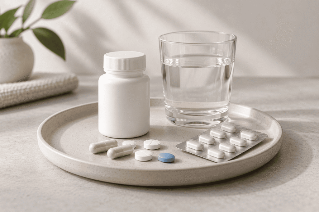 Frasco de pastillas y agua